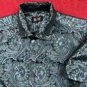 Hi-Tie Jacquard Paisley Button Up Shirt Men’s L Short Sleeve Made W/Tie Material